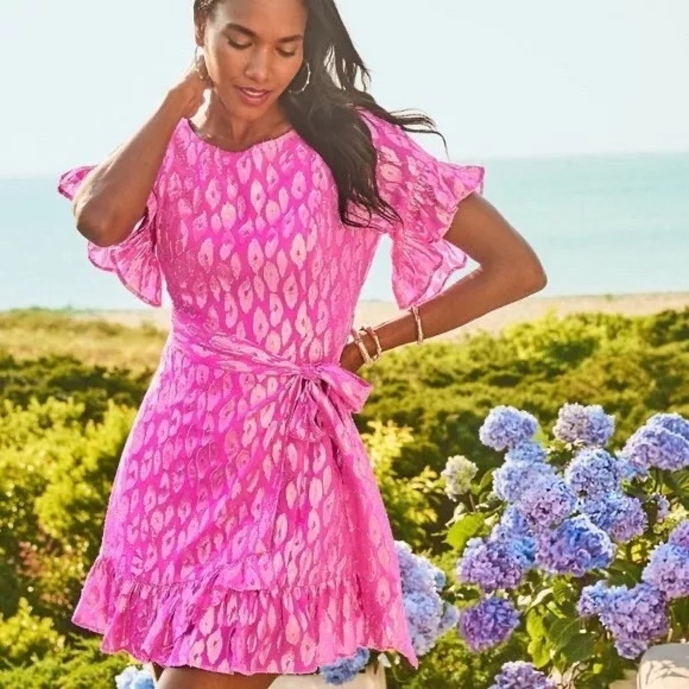 NWT Lilly Pulitzer Darlah Silk Mini Dress in Razberry Leopard Metallic Print